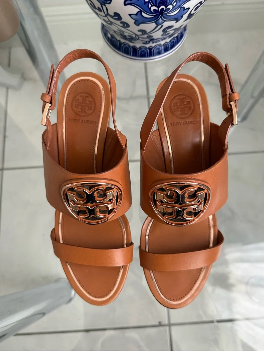 Tory Burch Tan Leather Logo Slingback Sandals